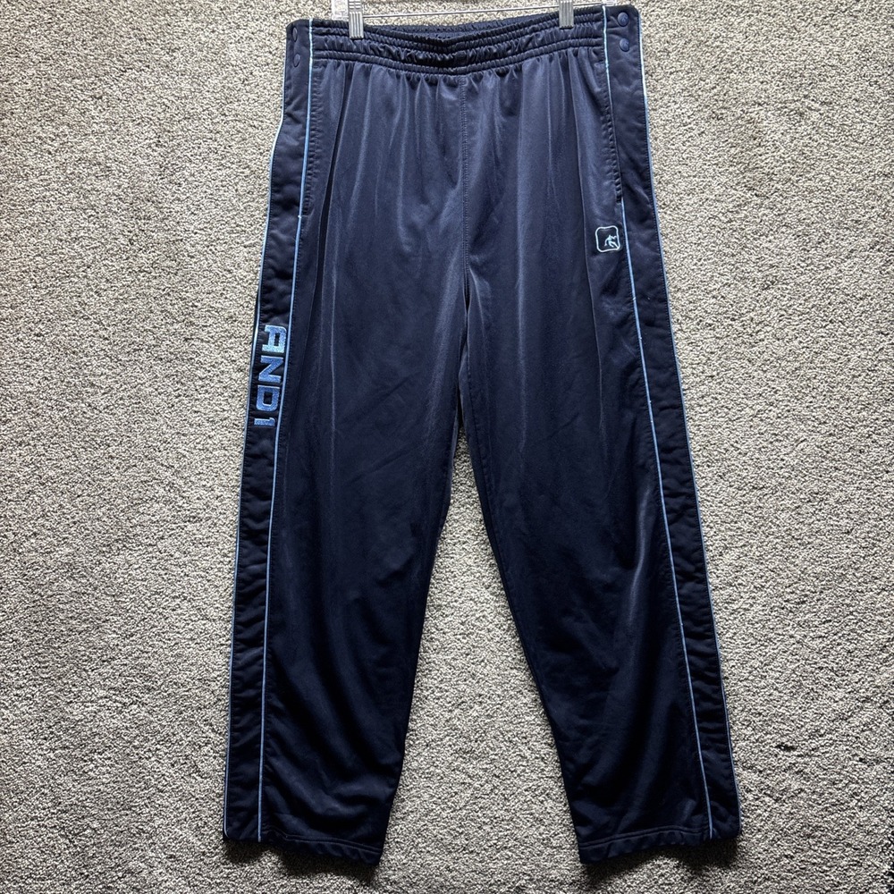Vintage AND1 Tear Away Snap Basketball Pants Mens XL Blue Satin Baggy Y2K 90s